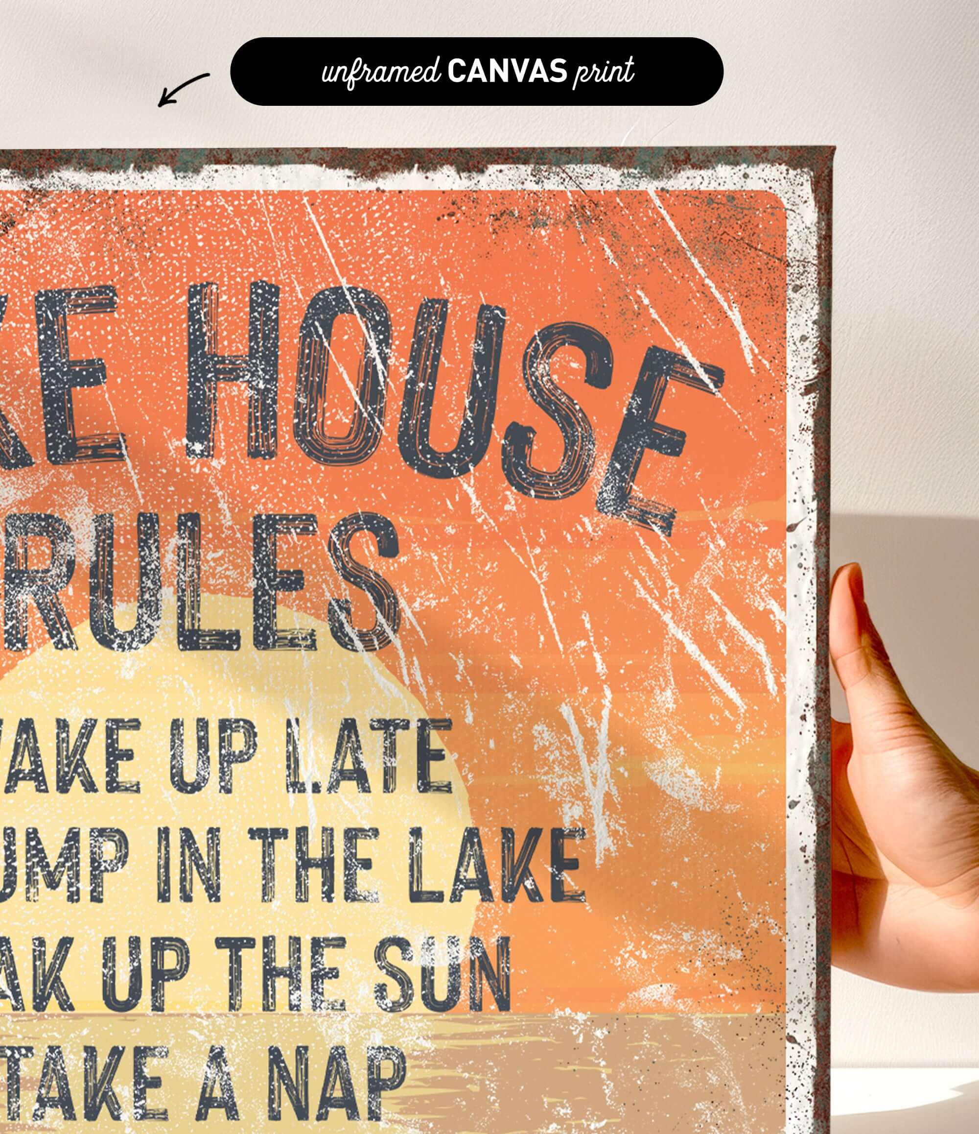 The image is a close-up of a textured, distressed canvas print featuring the phrase "Take a nap" in bold, black letters.