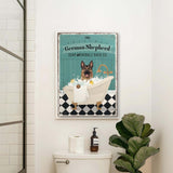 a bathroom with a toilet and a poster on the wall