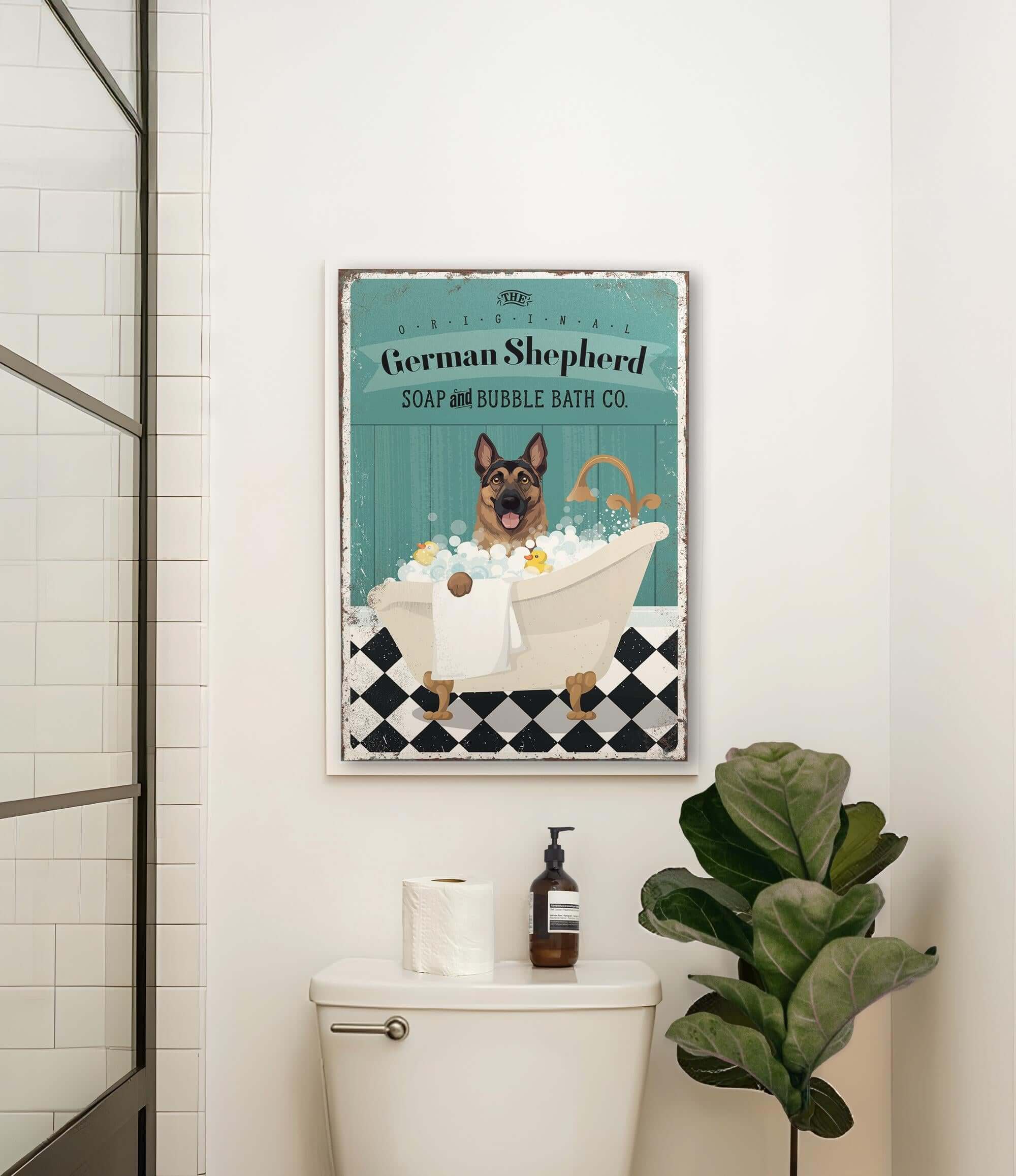 a bathroom with a toilet and a poster on the wall