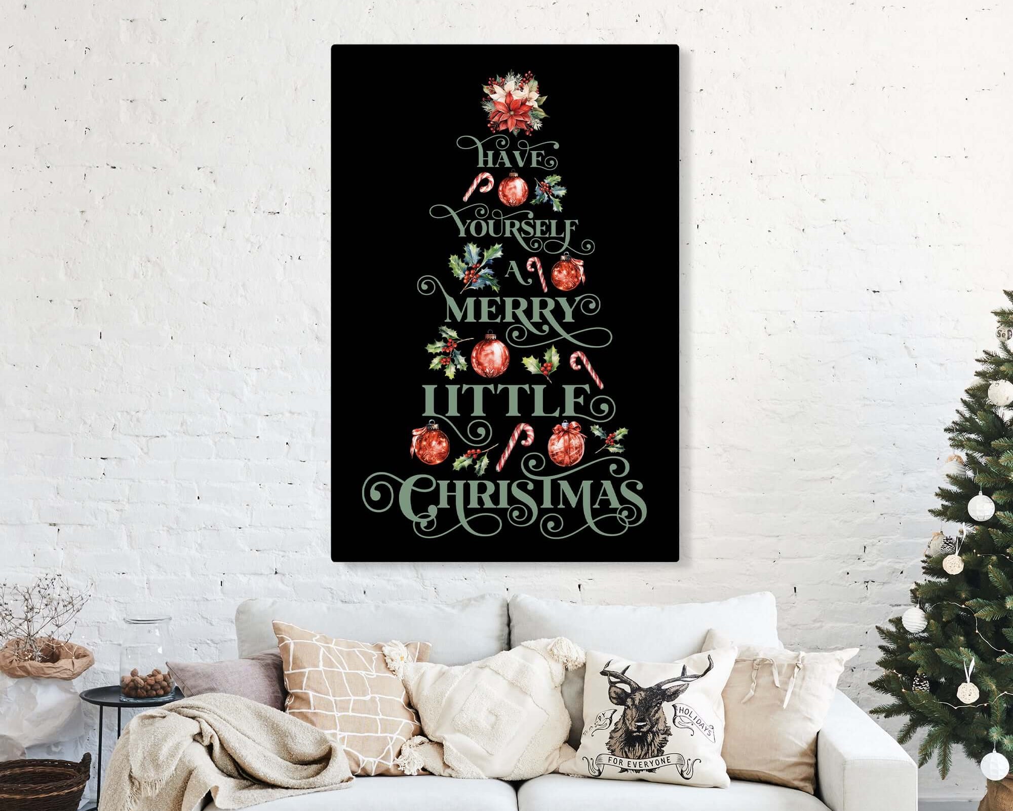 a living room with a couch and a christmas tree