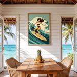 a beach scene with a woman surfing on a surfboard, framed by a tropical beach setting with palm trees and a clear blue sky. The scene is set in a room with a wooden table and wicker chairs, and a pineapple is displayed on the table.