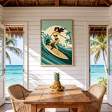 a beach scene with a woman surfing on a surfboard, framed by a tropical beach setting with palm trees and a clear blue sky. The scene is set in a room with a wooden table and wicker chairs, and a pineapple is displayed on the table.