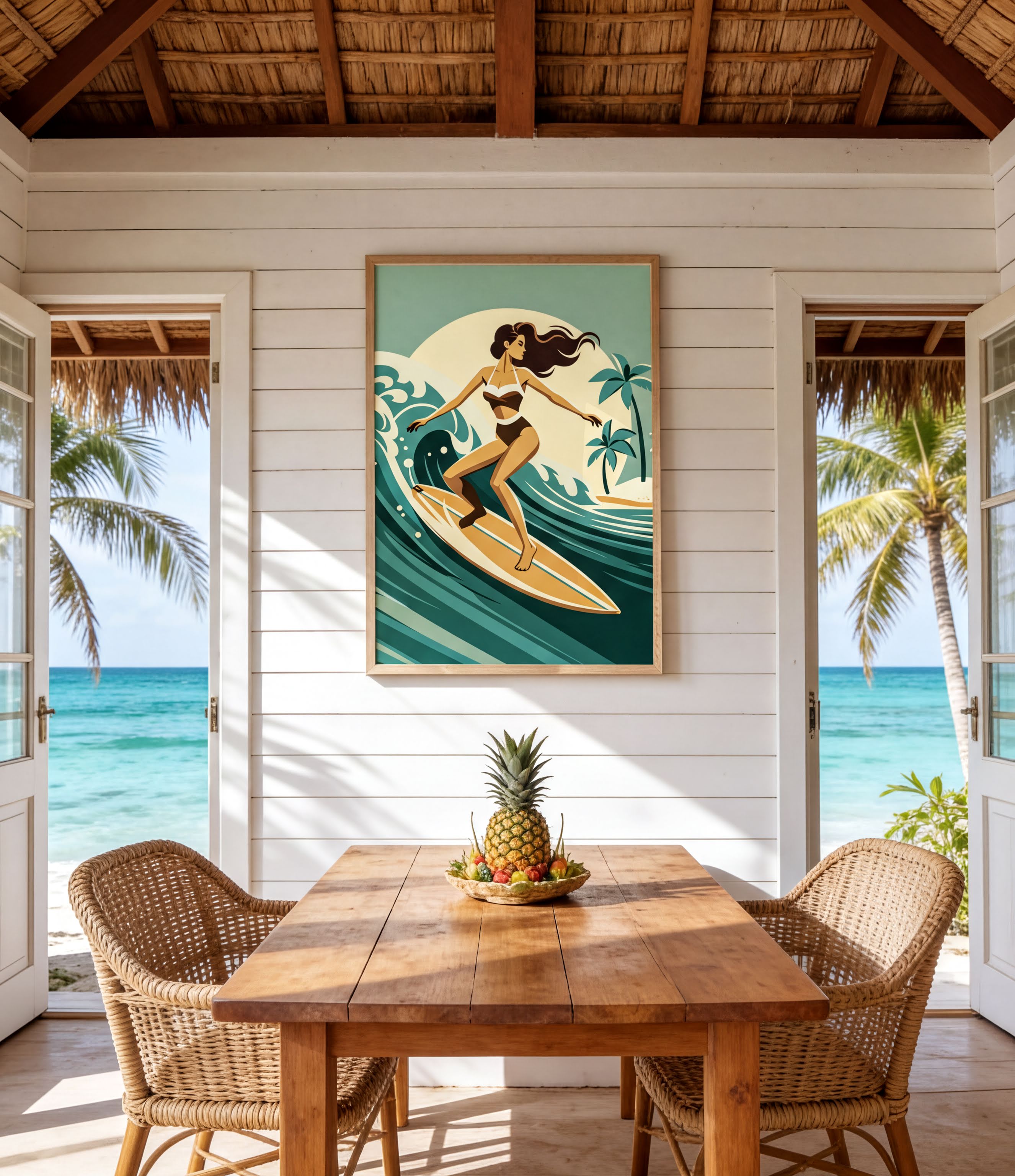 a beach scene with a woman surfing on a surfboard, framed by a tropical beach setting with palm trees and a clear blue sky. The scene is set in a room with a wooden table and wicker chairs, and a pineapple is displayed on the table.