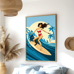 a woman surfing on a blue ocean wave, wearing a red and white bikini swimsuit, with a yellow sunrise background.