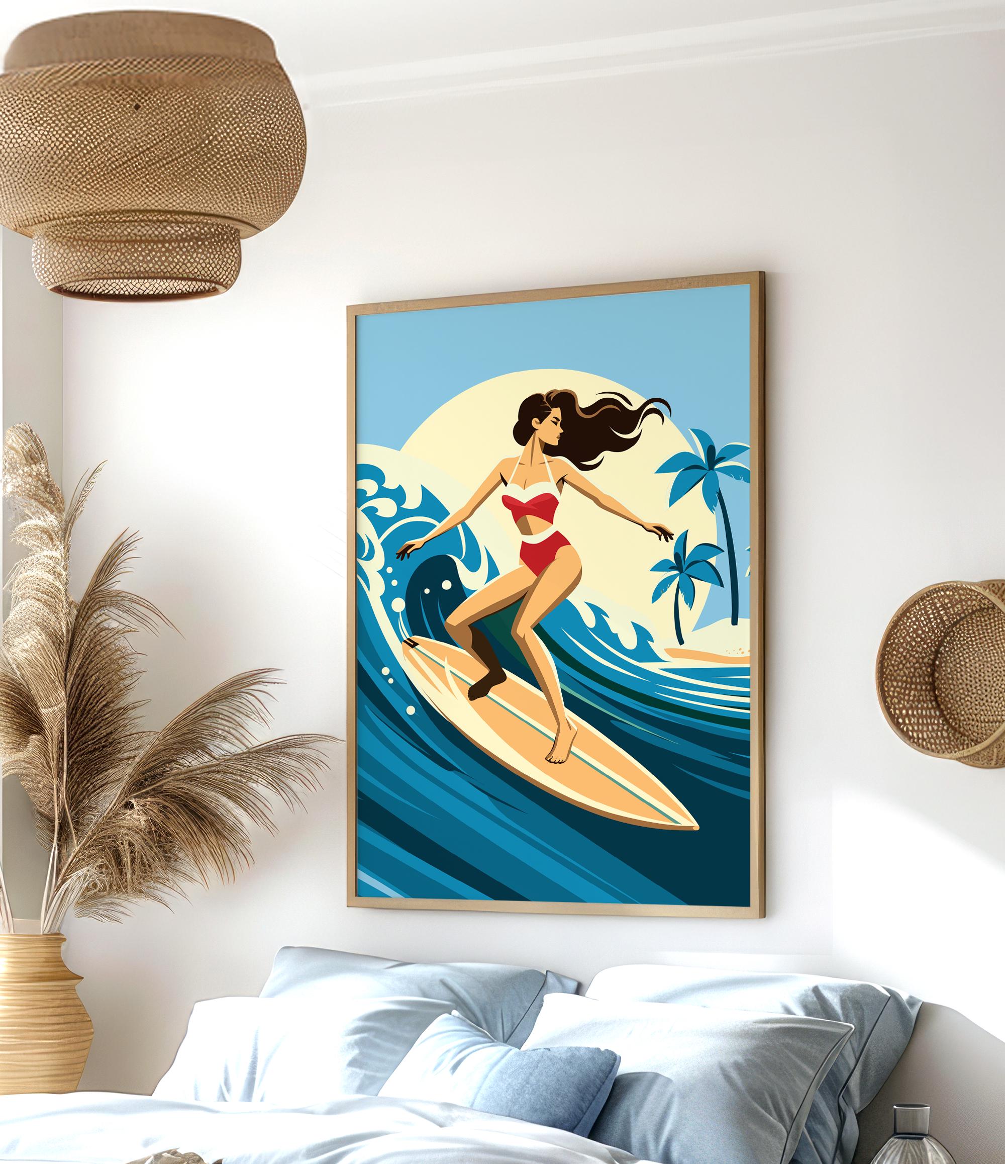 a woman surfing on a blue ocean wave, wearing a red and white bikini swimsuit, with a yellow sunrise background.