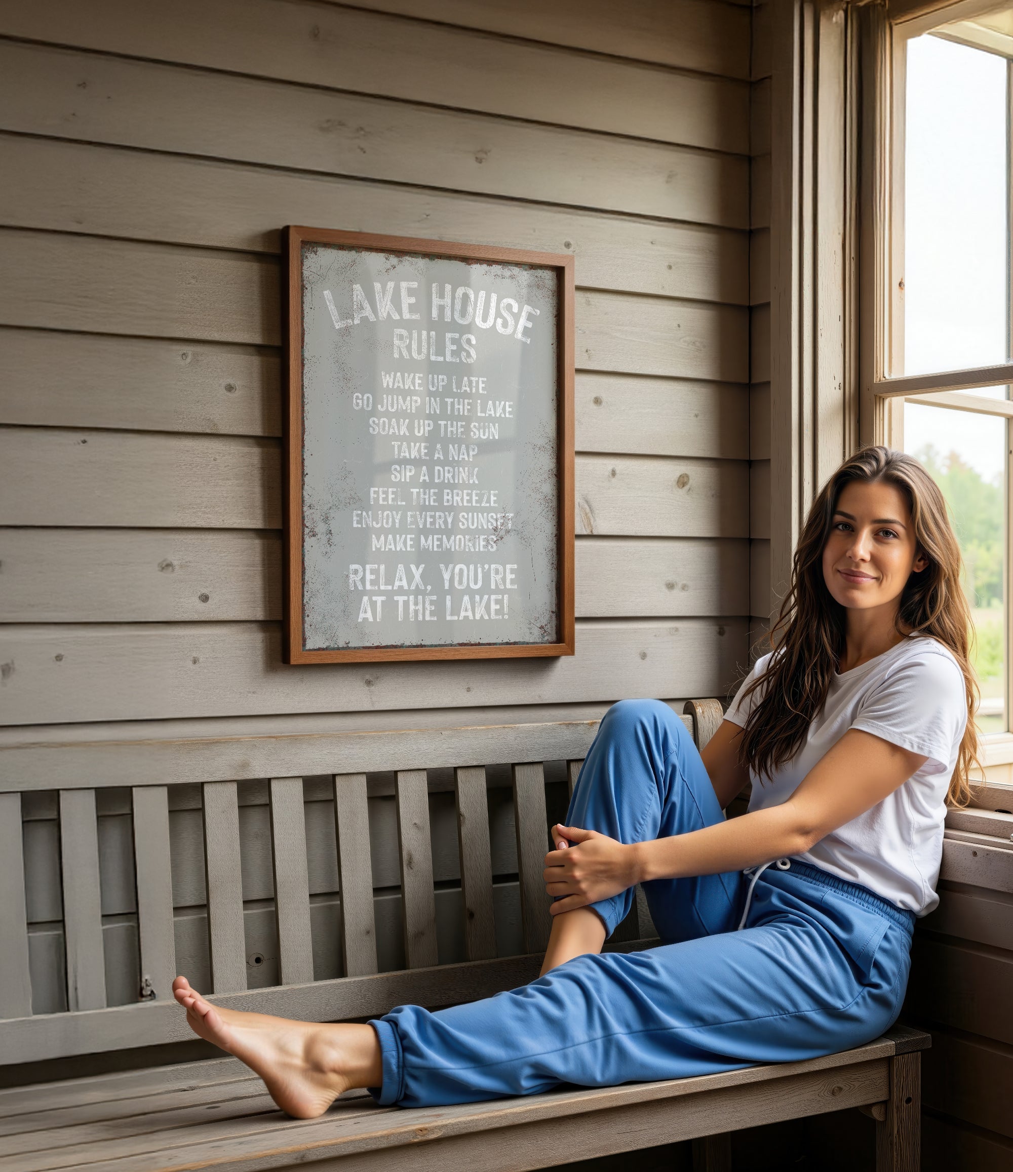 A woman sits on a bench in front of a sign that reads "LAKESHOUSE RULES" in a wooden cabin setting.