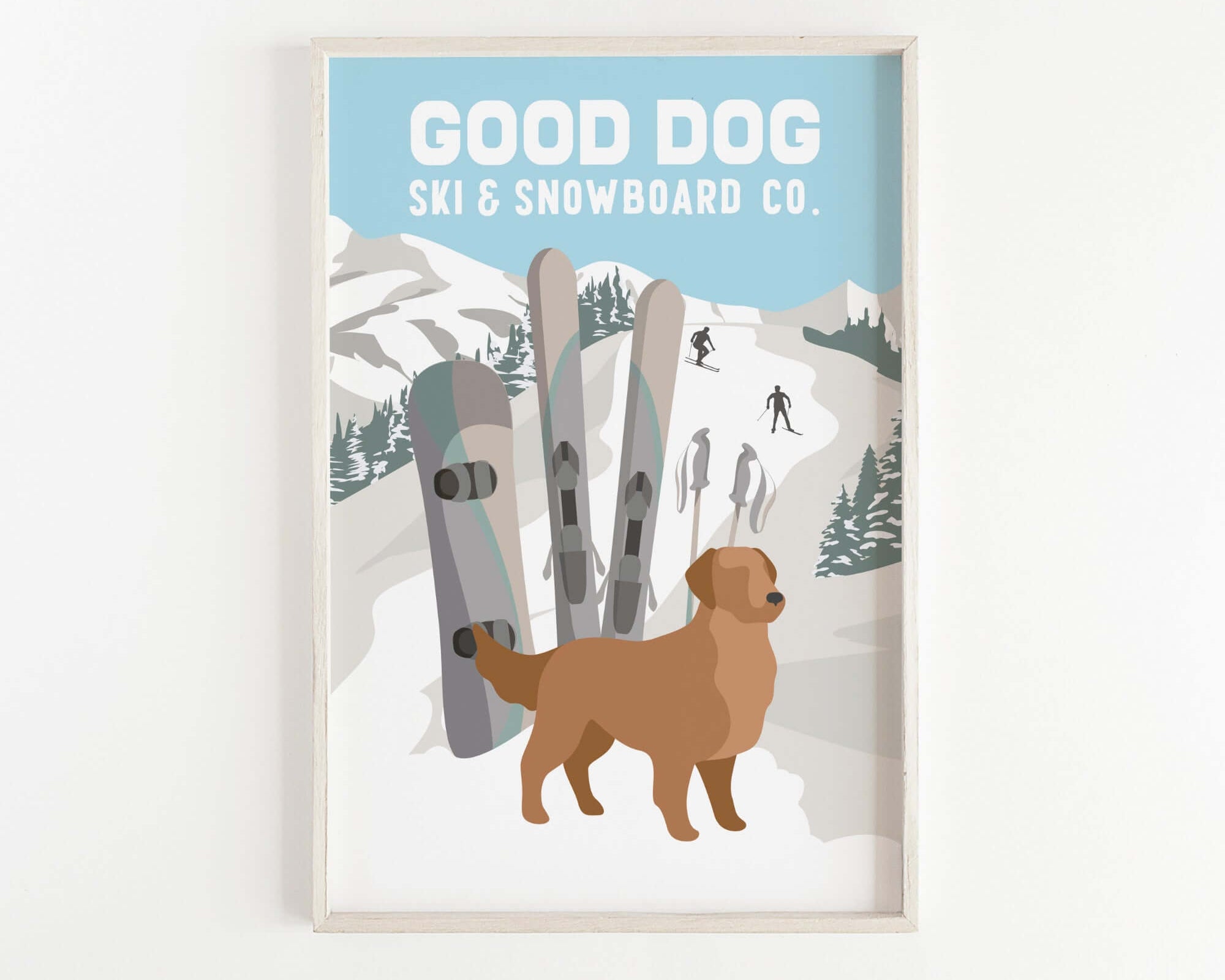 a picture of a dog standing in front of skis