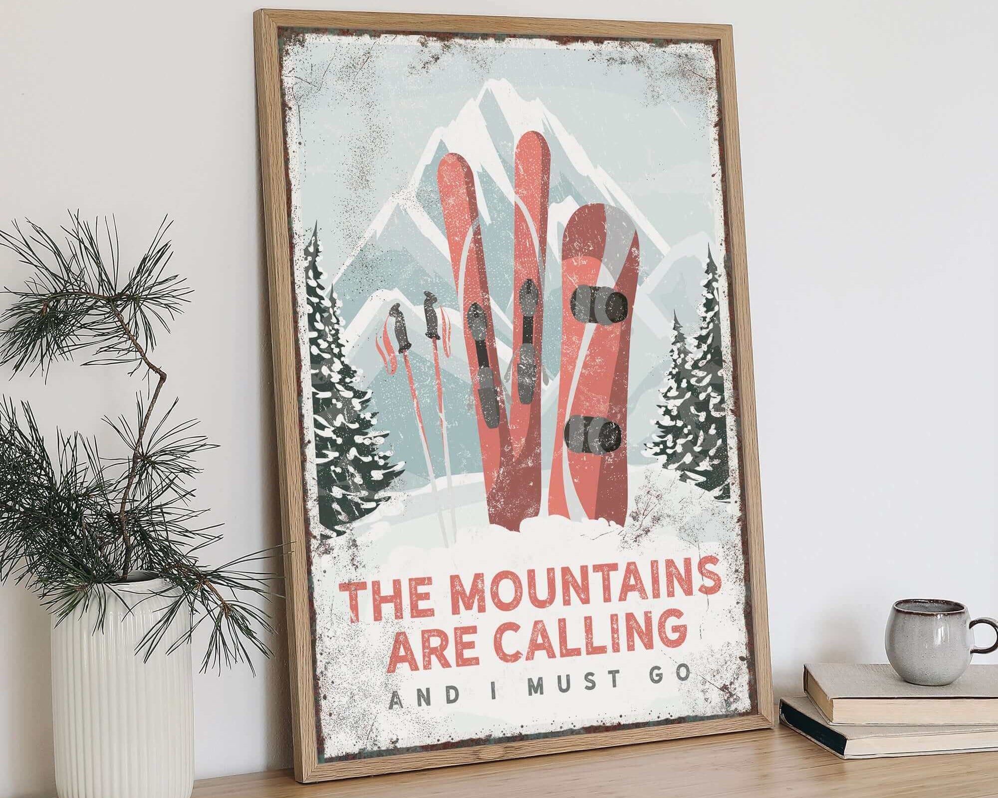 a wooden table topped with a poster of skis