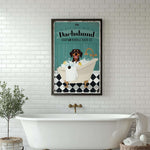 a bathroom with a bathtub and a poster on the wall