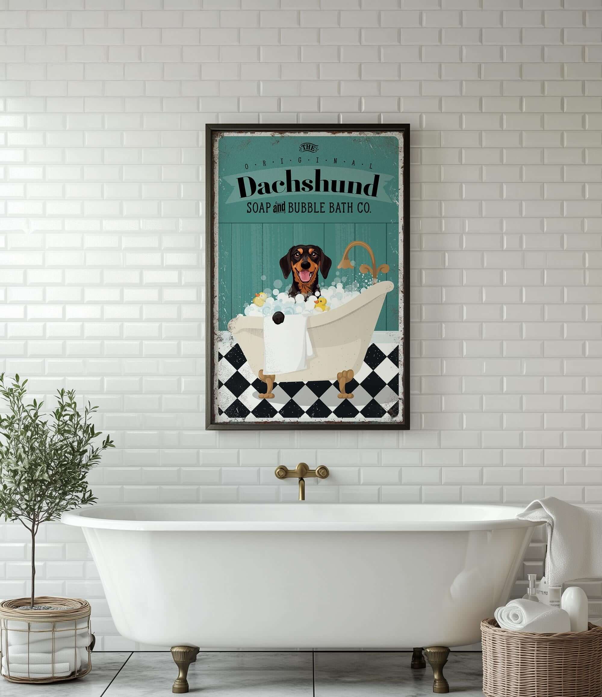 a bathroom with a bathtub and a poster on the wall