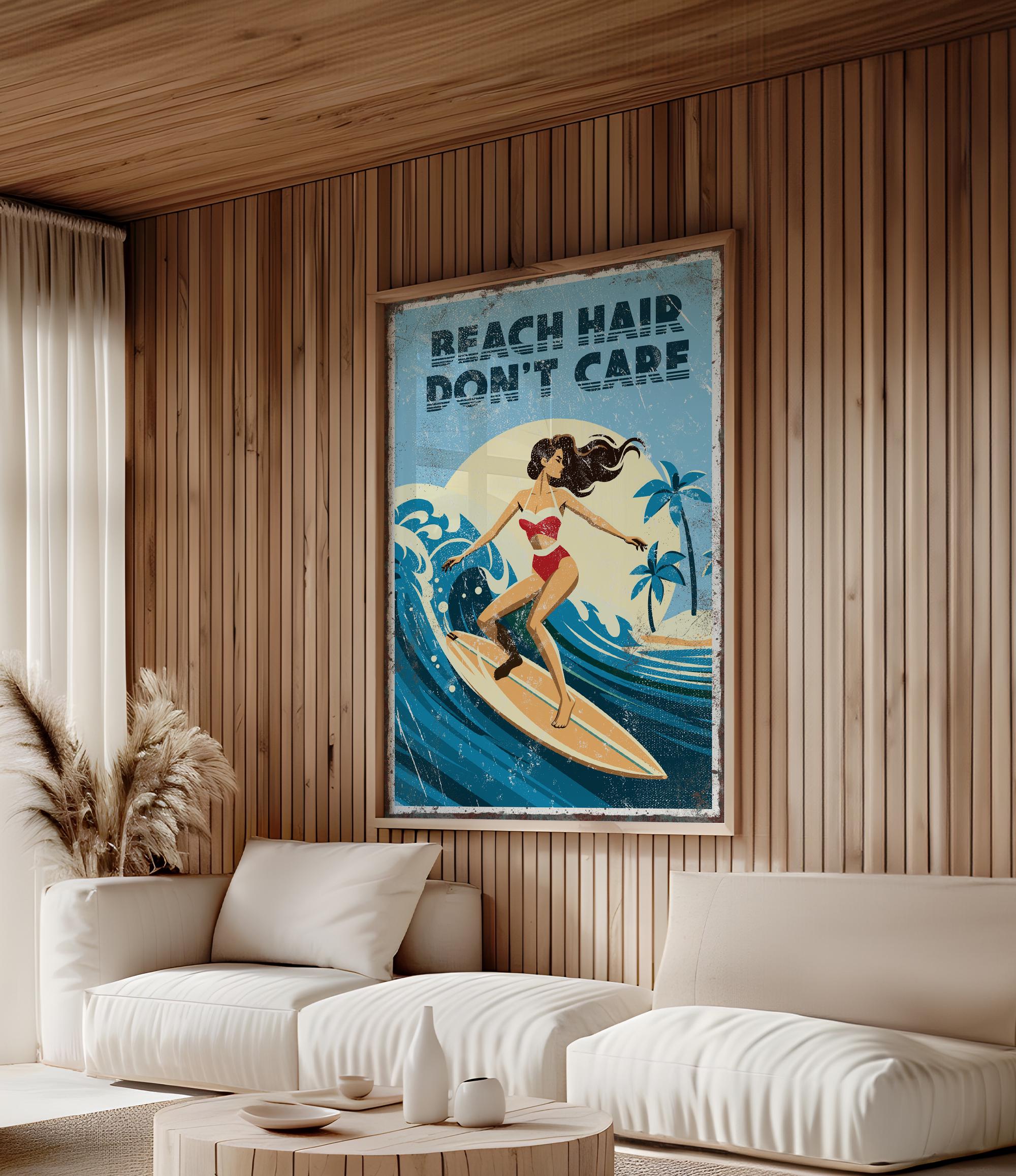 a living room with a large framed poster of a woman surfing on a beach, accompanied by the text "BEACH HAIR DON'T CARE".