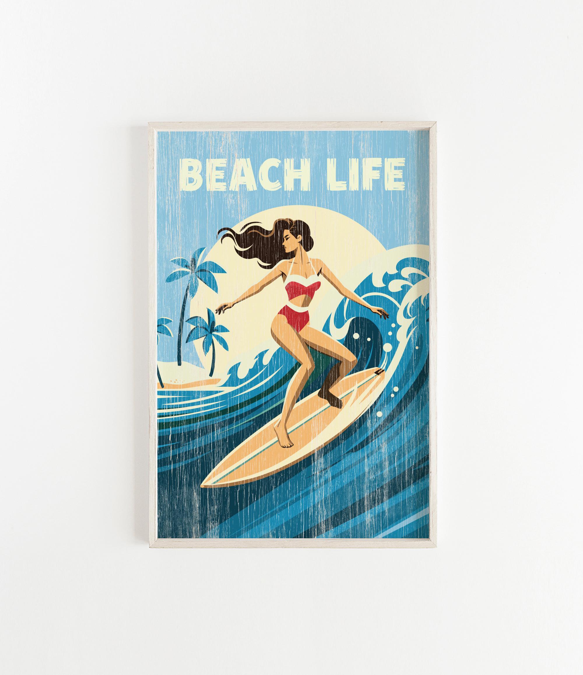 A framed illustration of a woman surfing on a wave, with the text "BEACH LIFE" prominently displayed.