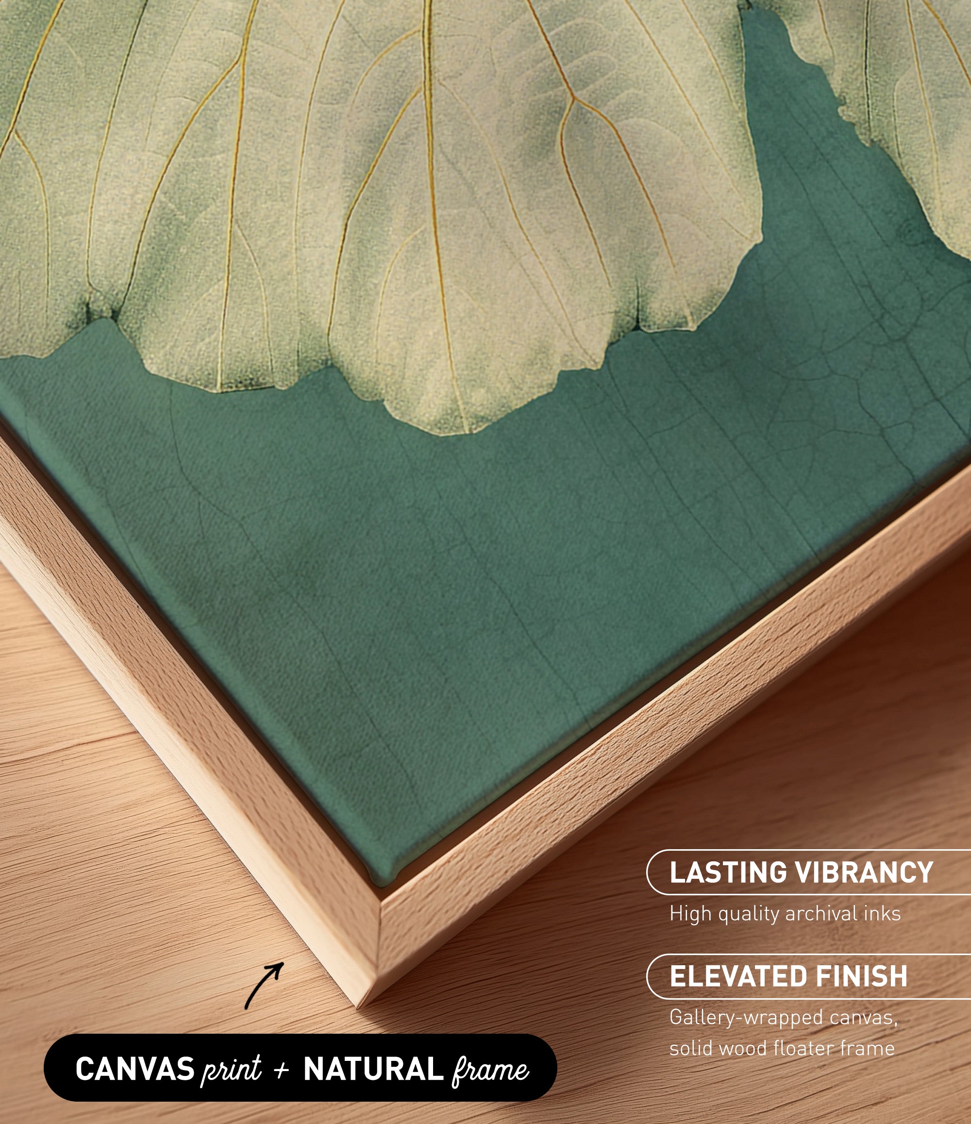 a close-up view of a canvas print with a natural frame, showcasing a vibrant green and beige leaf texture.