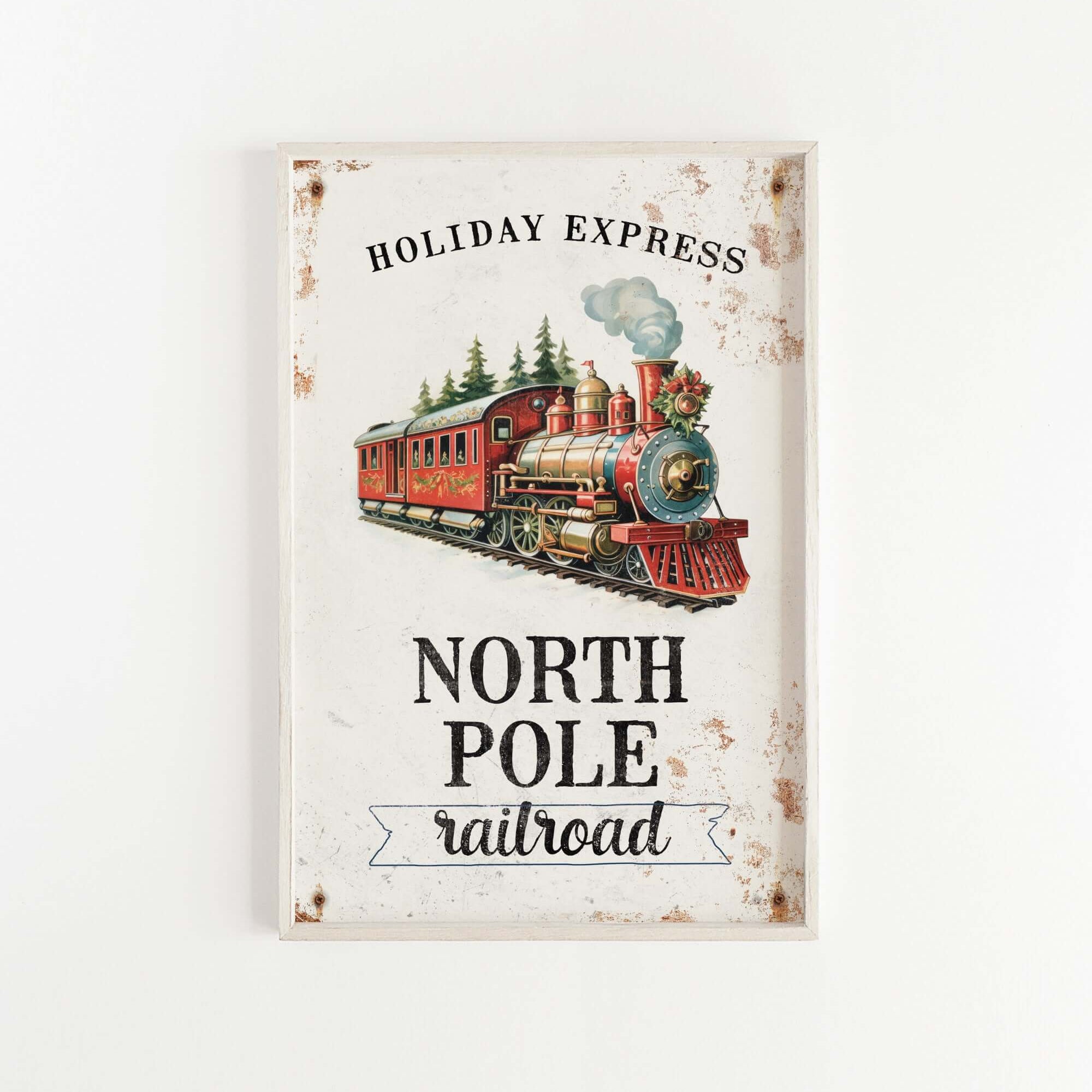 a sign with a train on it that says holiday express north pole railroad
