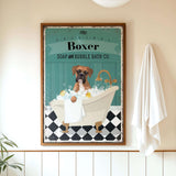 A framed vintage-style advertisement for a dog-themed bath product called "Boxer Soap and Bubble Bath Co." featuring a brown dog sitting in a bathtub filled with bubbles.
