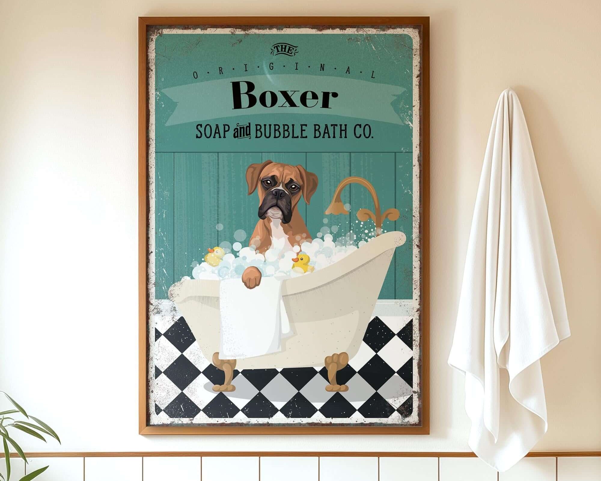 A framed vintage-style advertisement for a dog-themed bath product called "Boxer Soap and Bubble Bath Co." featuring a brown dog sitting in a bathtub filled with bubbles.