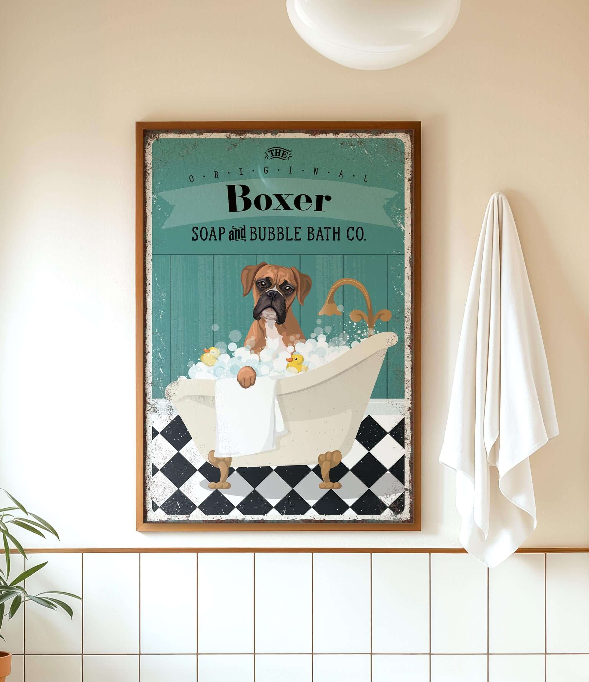 A framed vintage-style advertisement for a dog-themed bath product called "Boxer Soap and Bubble Bath Co." featuring a brown dog sitting in a bathtub filled with bubbles.