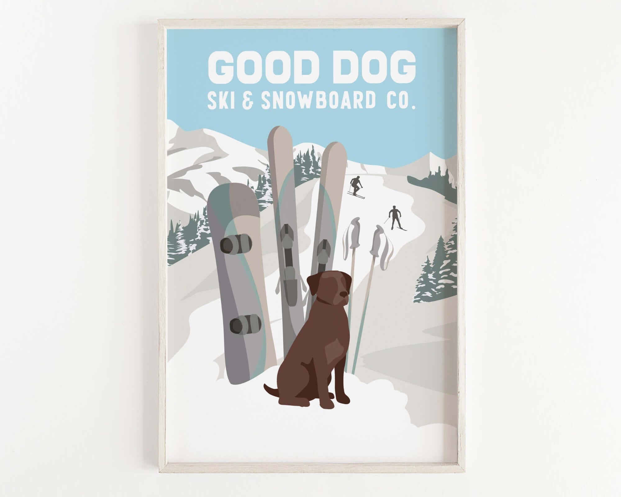 a picture of a brown dog sitting next to a pair of skis