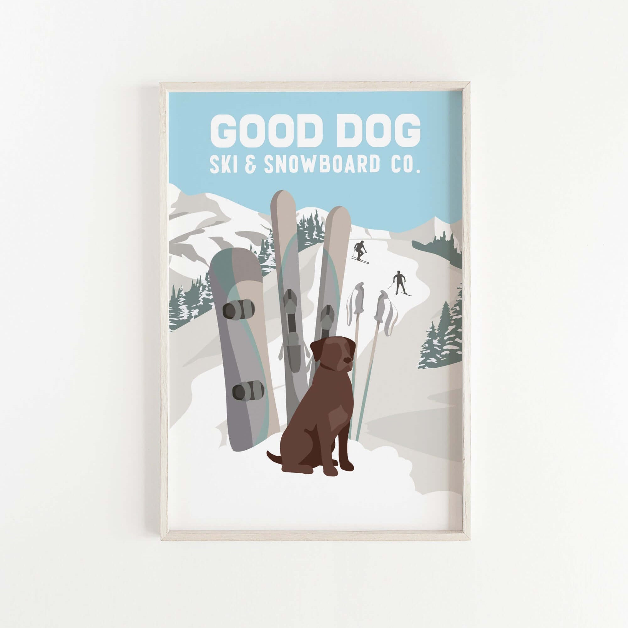 a picture of a brown dog sitting next to a pair of skis