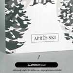 The image is a collage of various images, including a pair of skiers, a snow-covered forest, and a pair of skis. The text "APRES SKI" is displayed prominently in the center, and the phrase "ALUMINUM print" is written below the image.