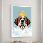 A framed illustration of a dog with a yellow rubber duck on its head, set against a blue background with bubbles.