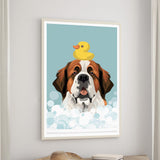 A framed illustration of a dog with a yellow rubber duck on its head, set against a blue background with bubbles.