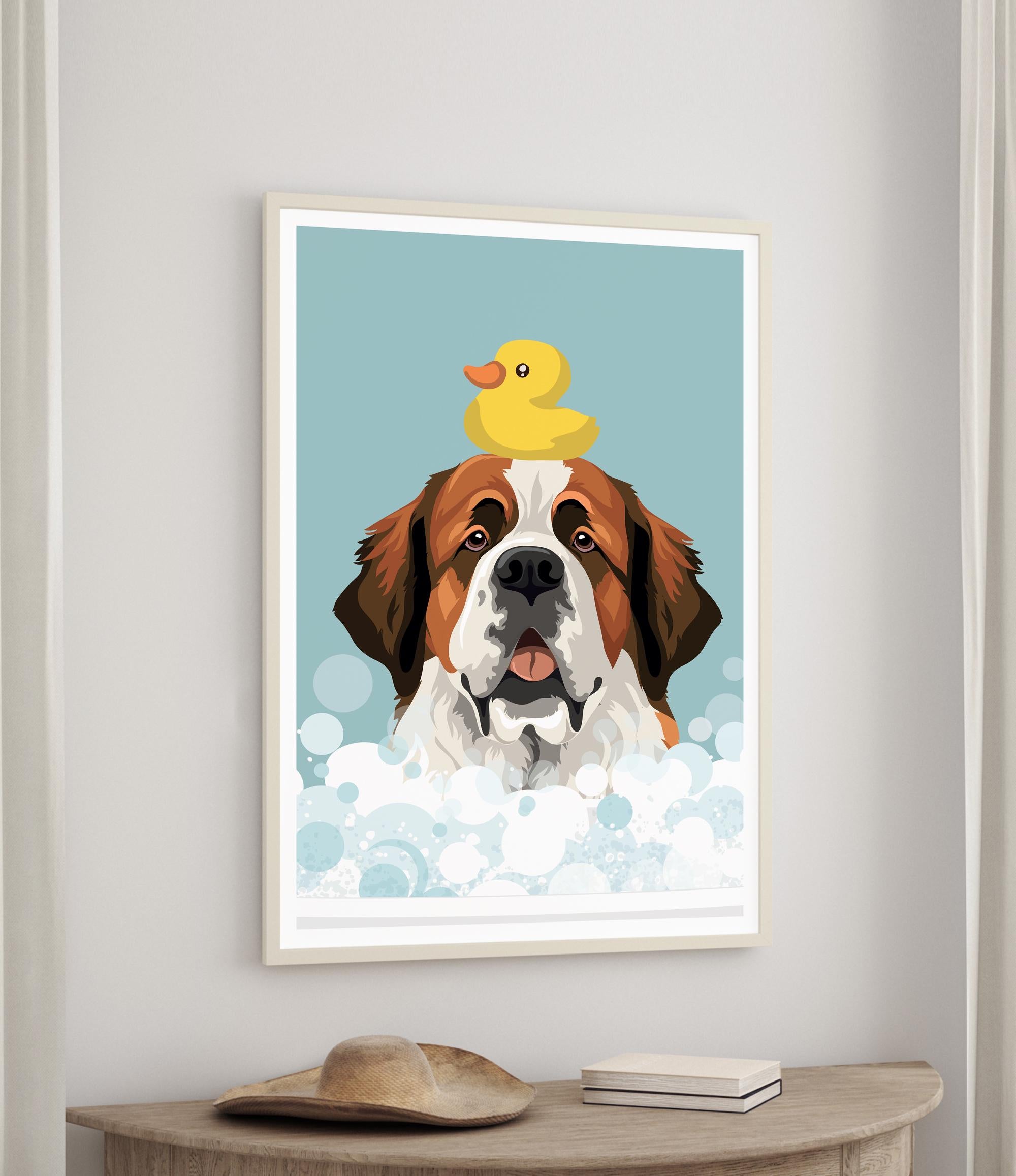 A framed illustration of a dog with a yellow rubber duck on its head, set against a blue background with bubbles.