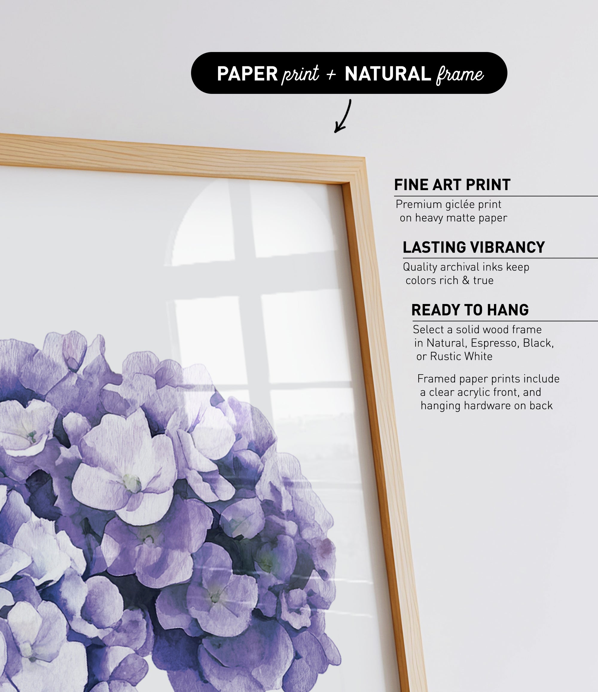 a framed print of a bouquet of purple flowers, with a natural frame.