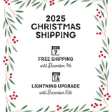 The image is a Christmas shipping timeline with a festive border of red berries and green leaves. It announces free shipping until December 9th and a lightning upgrade available until December 16th.