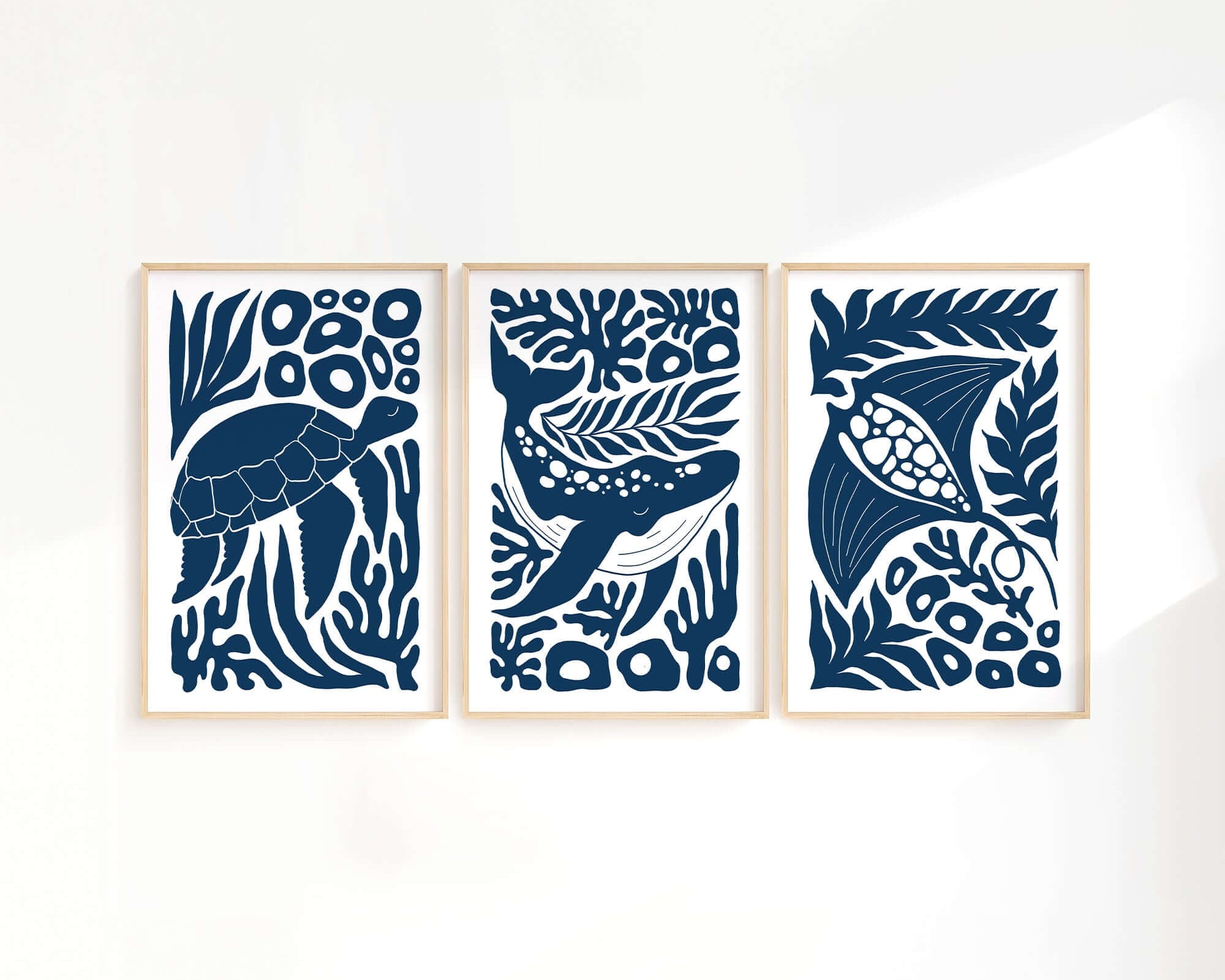 The Ocean Blocks Triptych | Set of Three Prints | 314 features blue and white prints of a turtle, whale, and fish—perfect wall art to enhance your home decor.