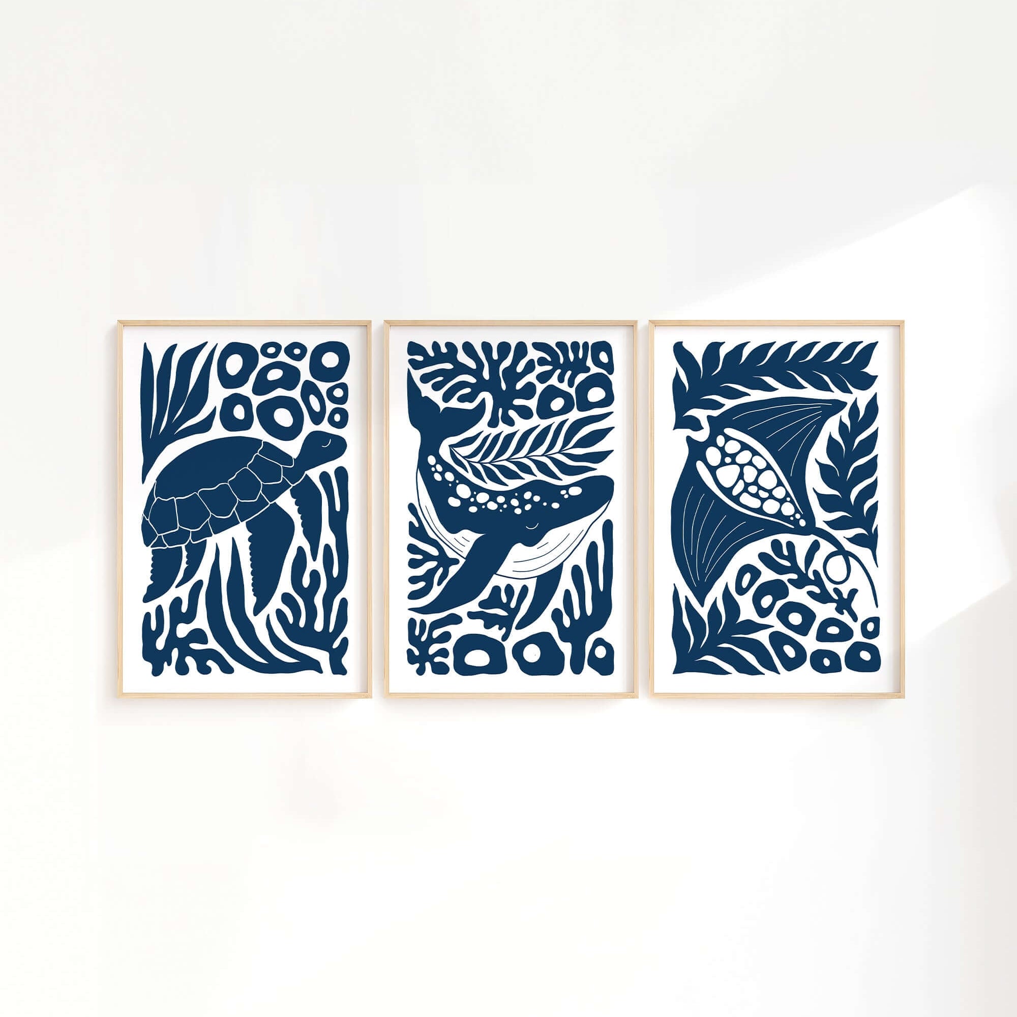 The Ocean Blocks Triptych | Set of Three Prints | 314 features blue and white prints of a turtle, whale, and fish—perfect wall art to enhance your home decor.