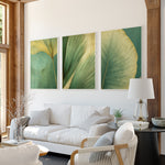 a modern living room with a white sofa, a black coffee table, and three framed prints of green leaves on the wall.