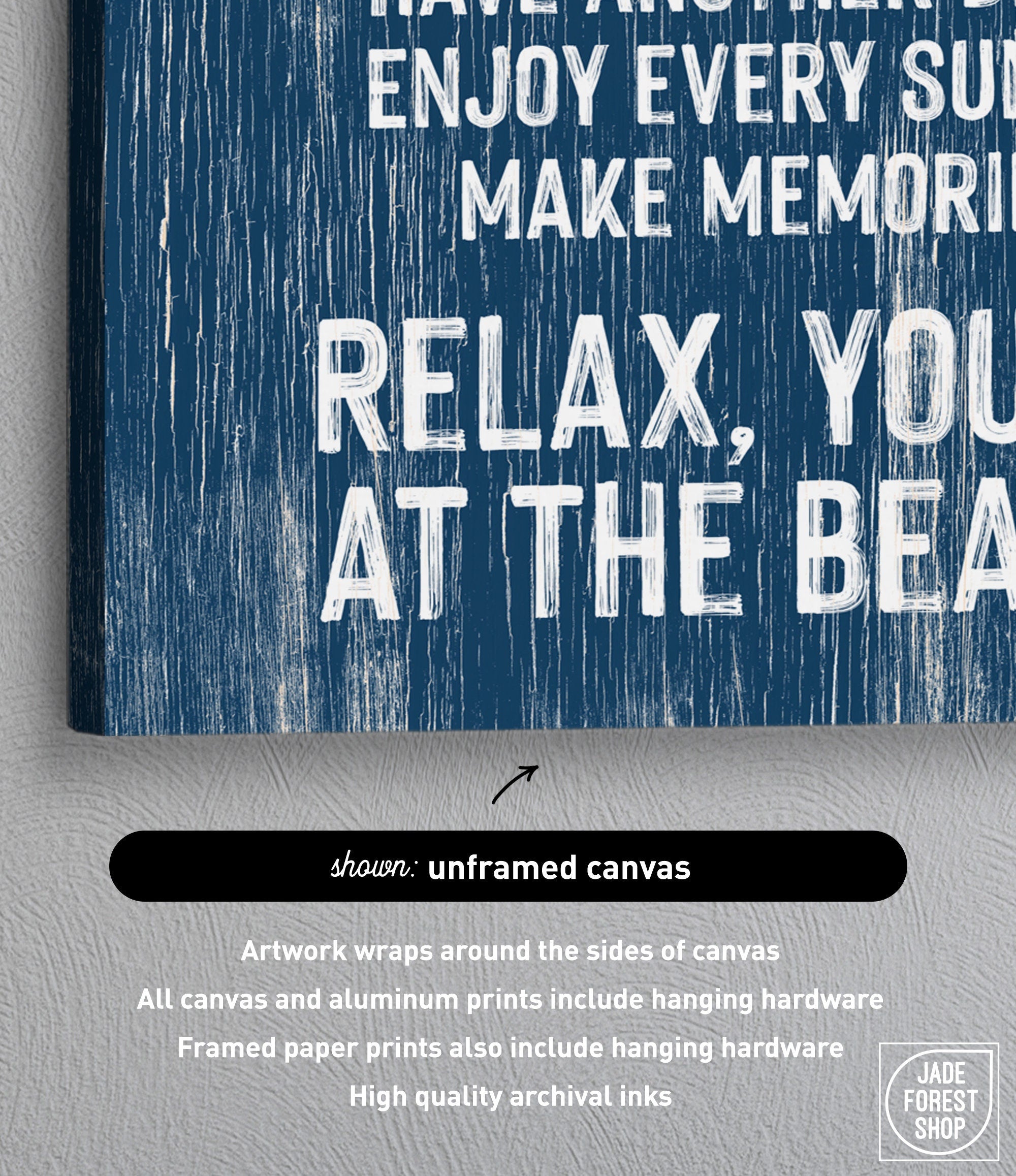 A close-up of the Beach House Rules Sign, a blue painted wood piece with white nautical text, unframed and perfect as coastal wall art or charming beach house décor.