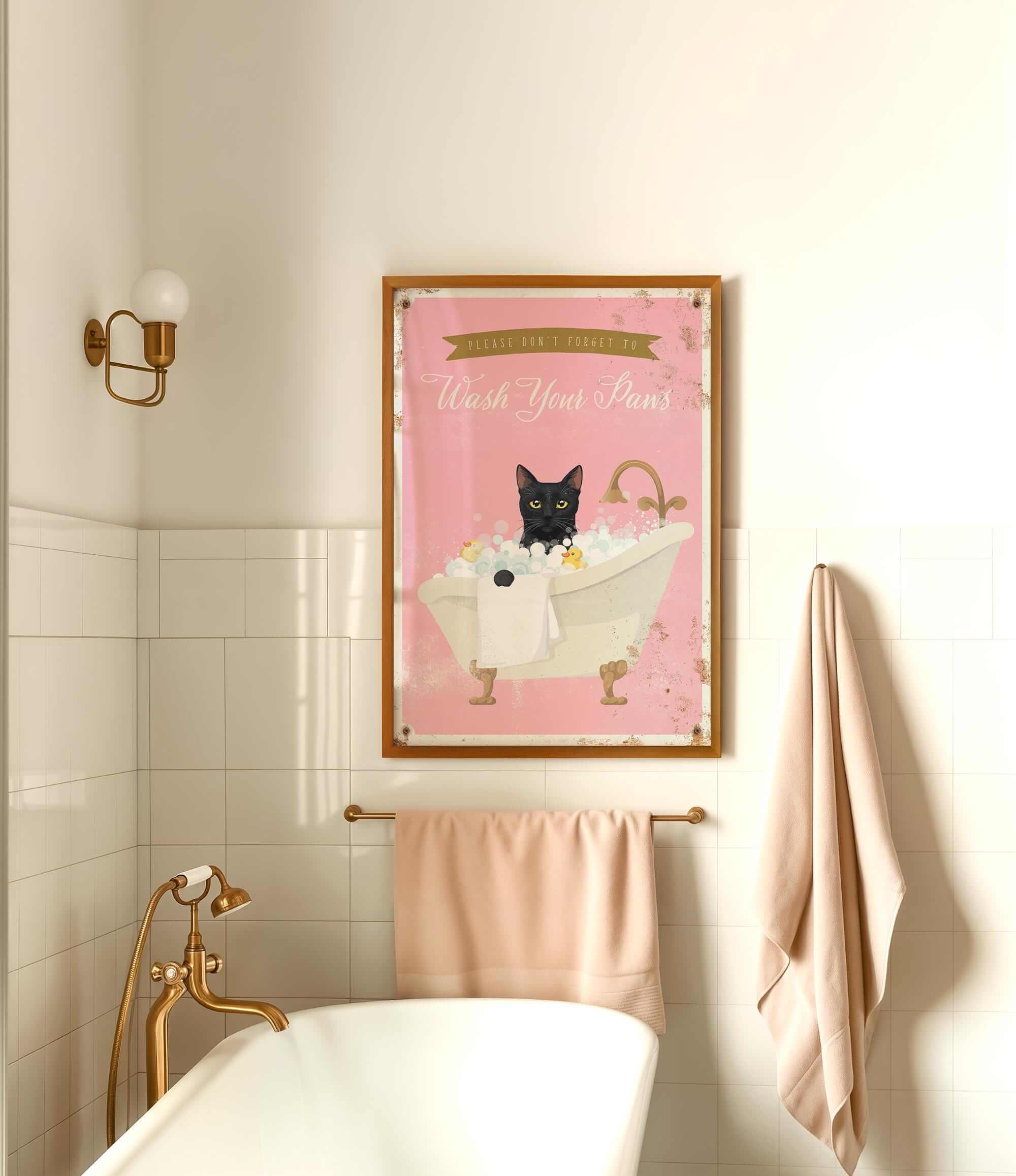 A framed poster with a black cat sitting in a bathtub, accompanied by the text "Please don't forget to wash your paws" in a pink and gold color scheme.
