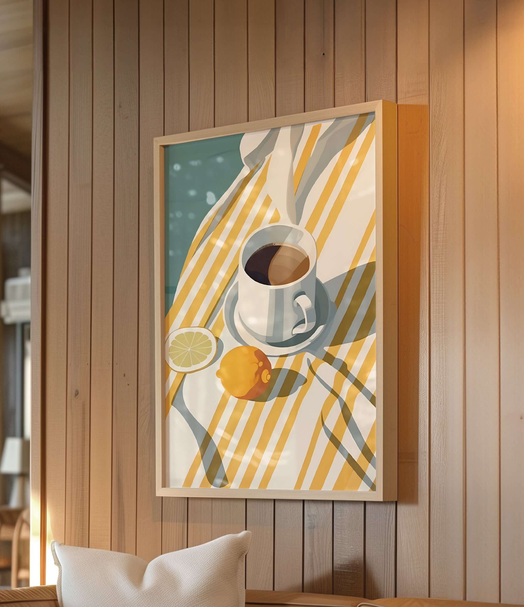 a framed painting of a cup of coffee and a lemon on a table, hanging on a wooden wall.