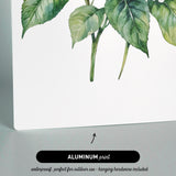 The image is an aluminum print featuring a watercolor painting of a hydrangea plant with green leaves.