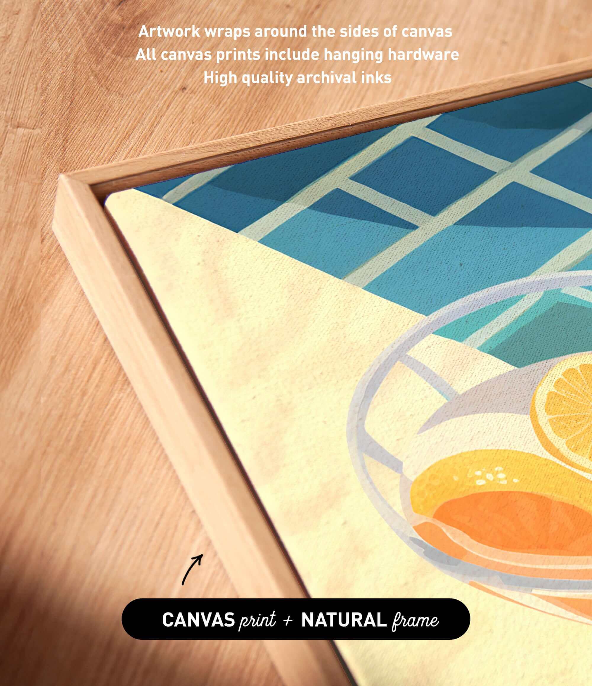 a wooden frame with a framed artwork depicting a bowl of fruit, including oranges and a lemon, on a wooden surface.