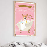 a poster with a dog sitting in a bathtub filled with bubbles, accompanied by the text "Please don't forget to wash your paws".