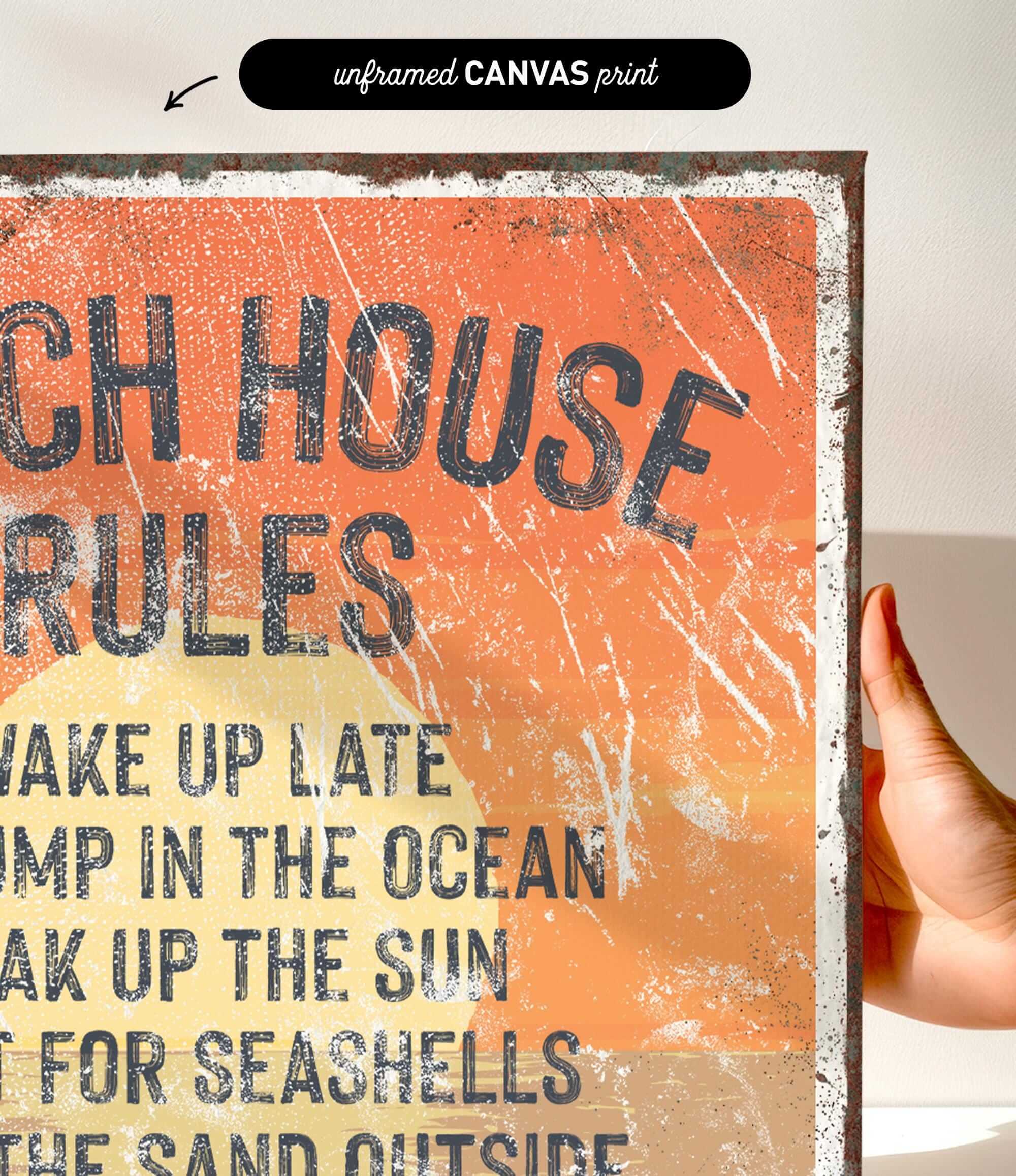 The image is a close-up of a textured, orange-colored sign with the text "ACH HOUSE RULES" written on it.