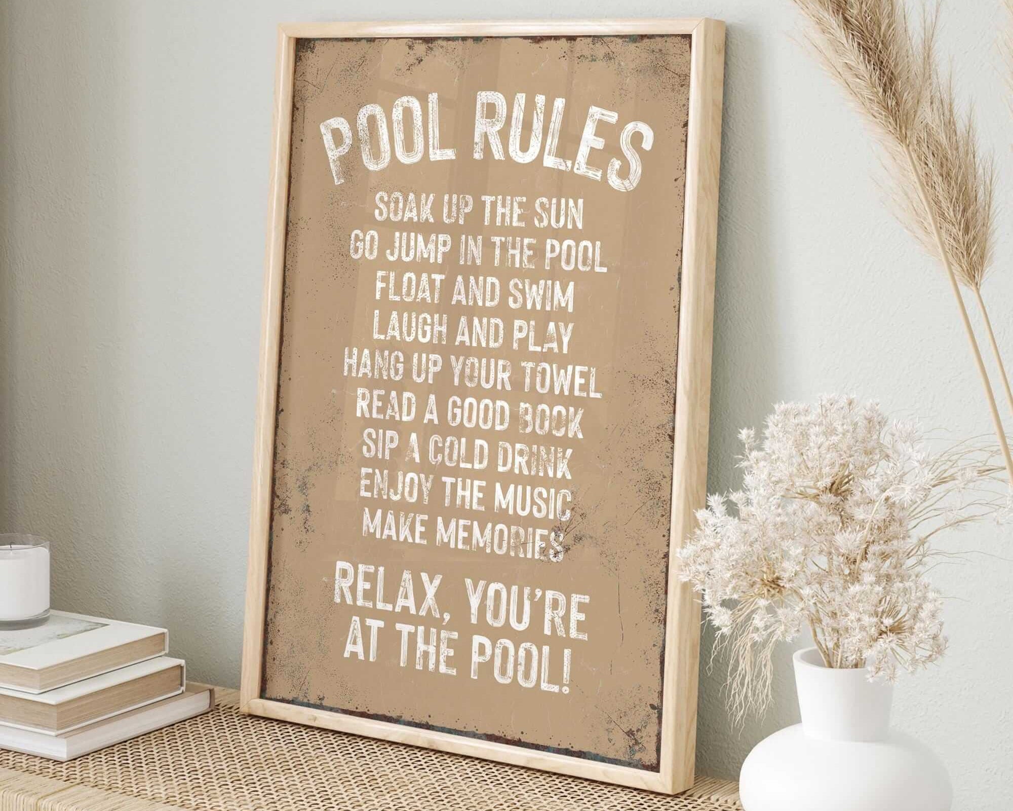 a picture of a pool rules sign on a shelf