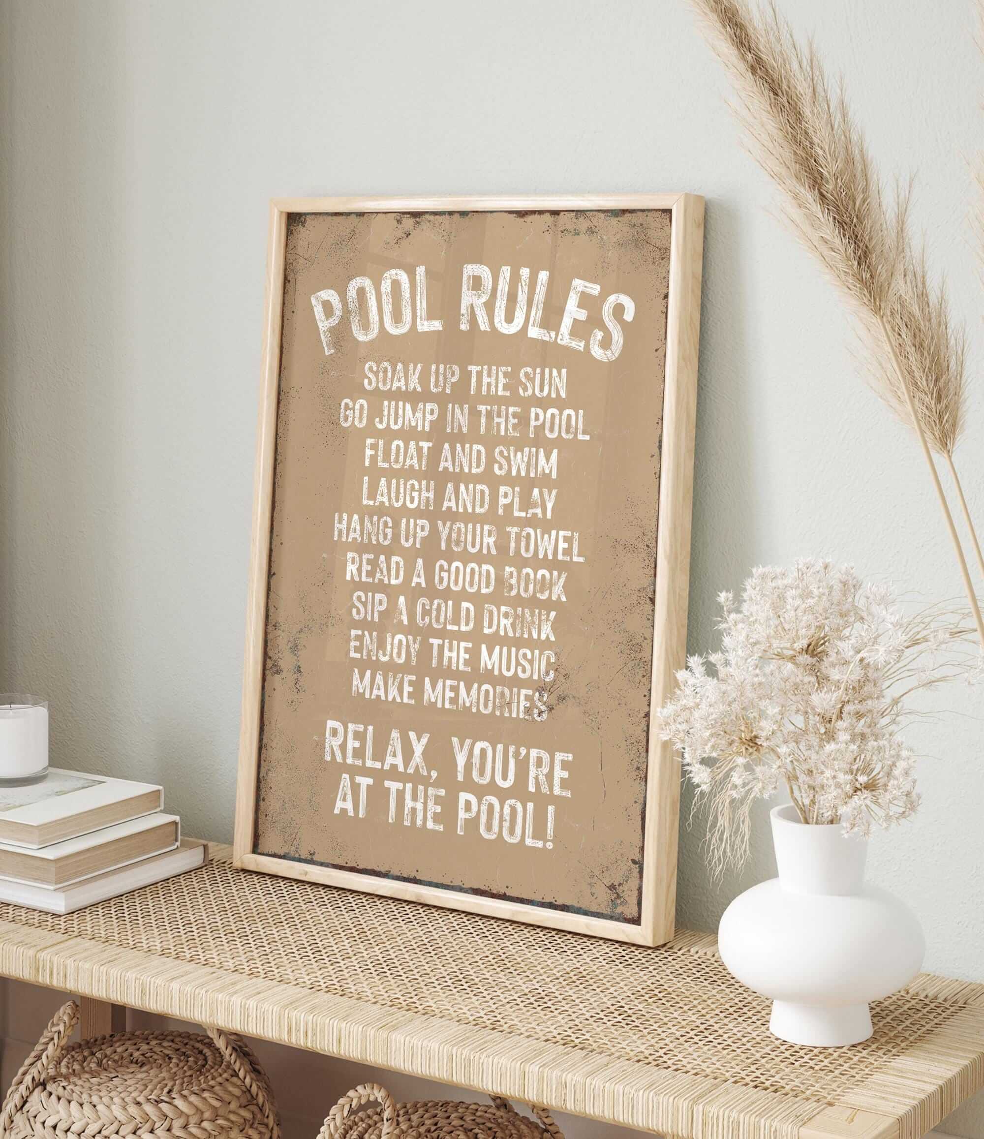 a picture of a pool rules sign on a shelf