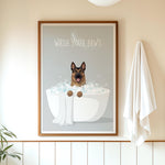 A framed poster with a cartoon image of a dog sitting in a bathtub, surrounded by bubbles, with the text "WASH YOUR PAWS" displayed above it.