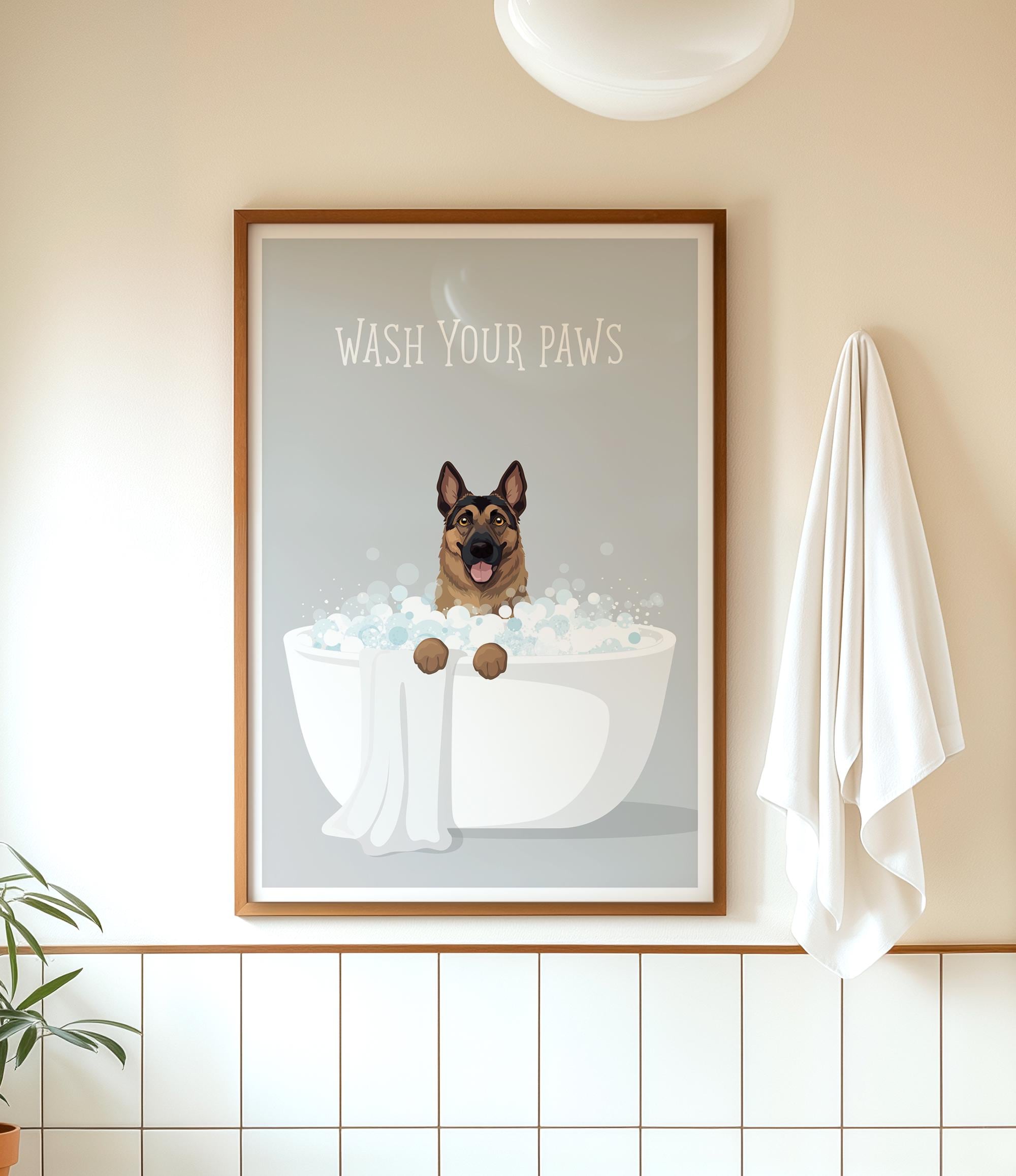 A framed poster with a cartoon image of a dog sitting in a bathtub, surrounded by bubbles, with the text "WASH YOUR PAWS" displayed above it.