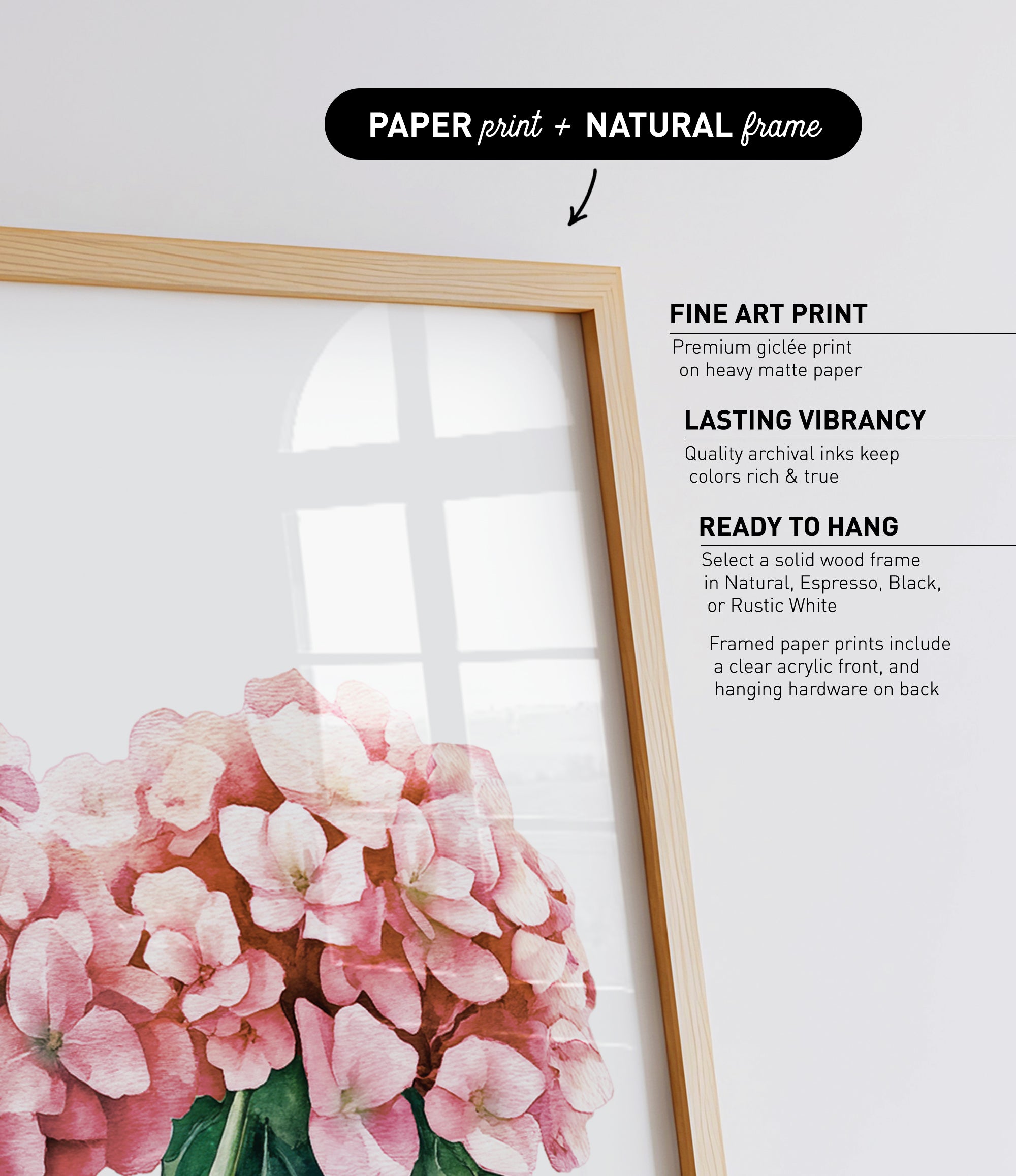 a framed print of a pink flower on a white background.