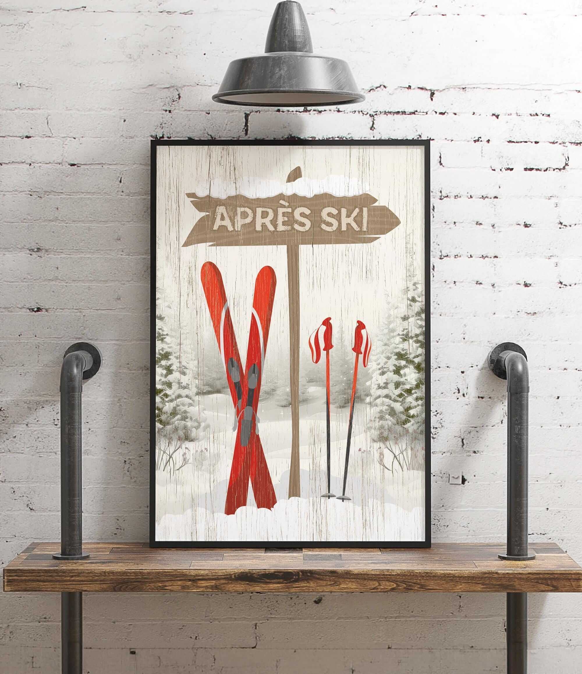 a picture of a ski sign hanging on a wall