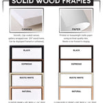 Comparison chart of solid wood frame colors and profiles for canvas and paper art prints, ideal for displaying the Après Ski Lift Couple Wall Art, Red Print. Perfect for alpine or vintage ski lift themed decor.