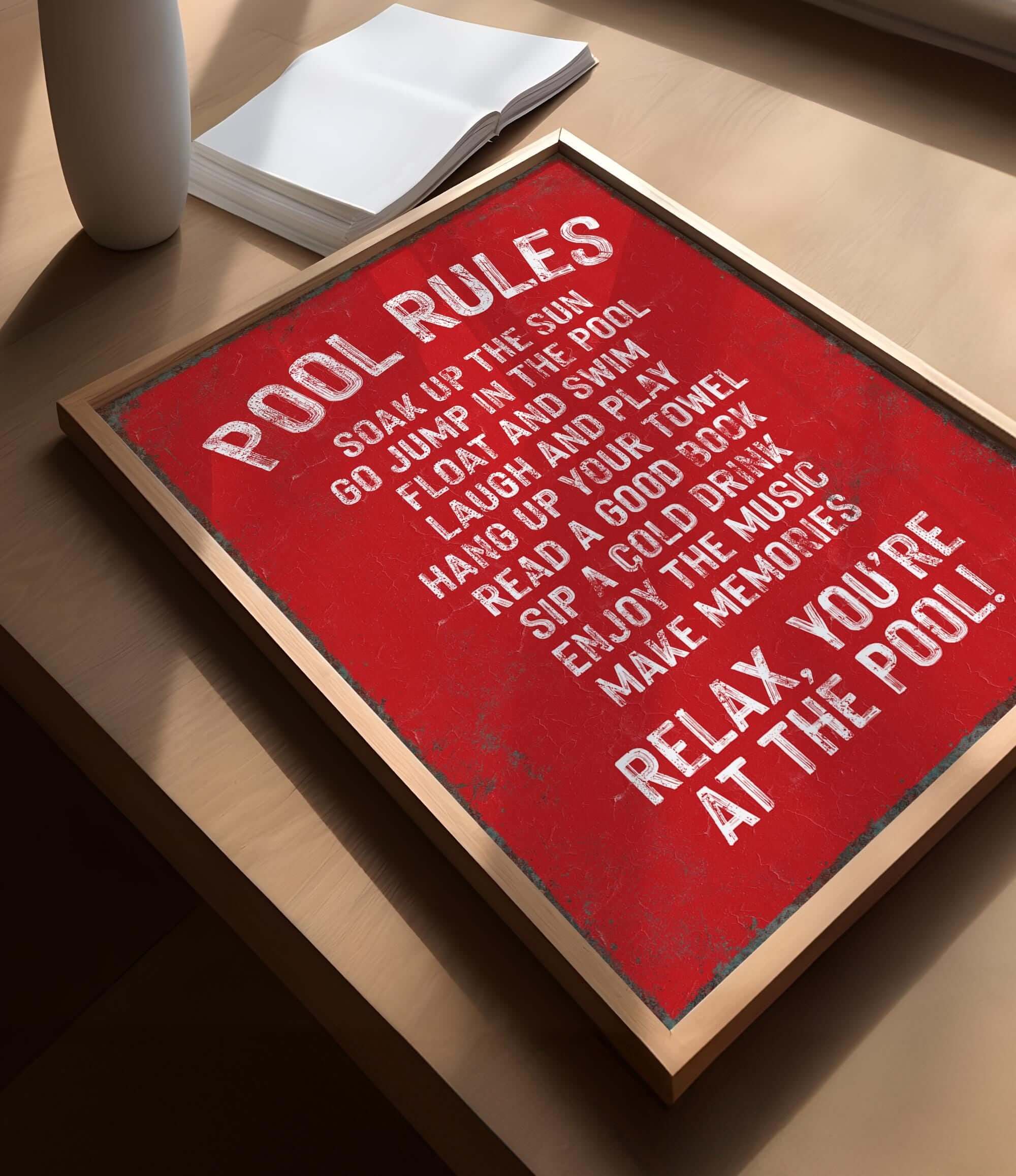 a red sign sitting on top of a wooden table