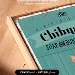 a wooden surface with a framed piece of artwork that includes text and graphics.