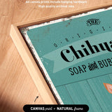 a wooden surface with a framed piece of artwork that includes text and graphics.