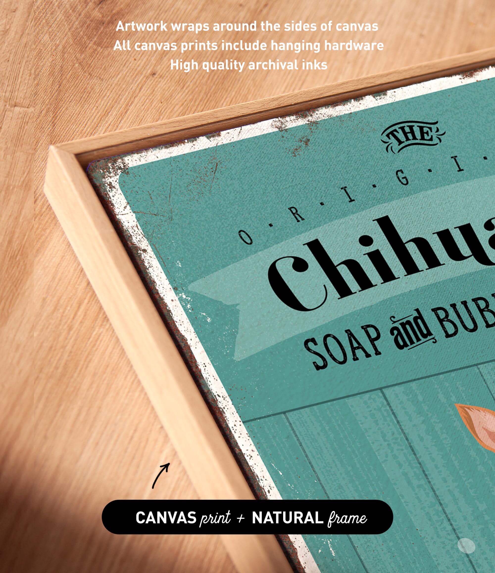 a wooden surface with a framed piece of artwork that includes text and graphics.